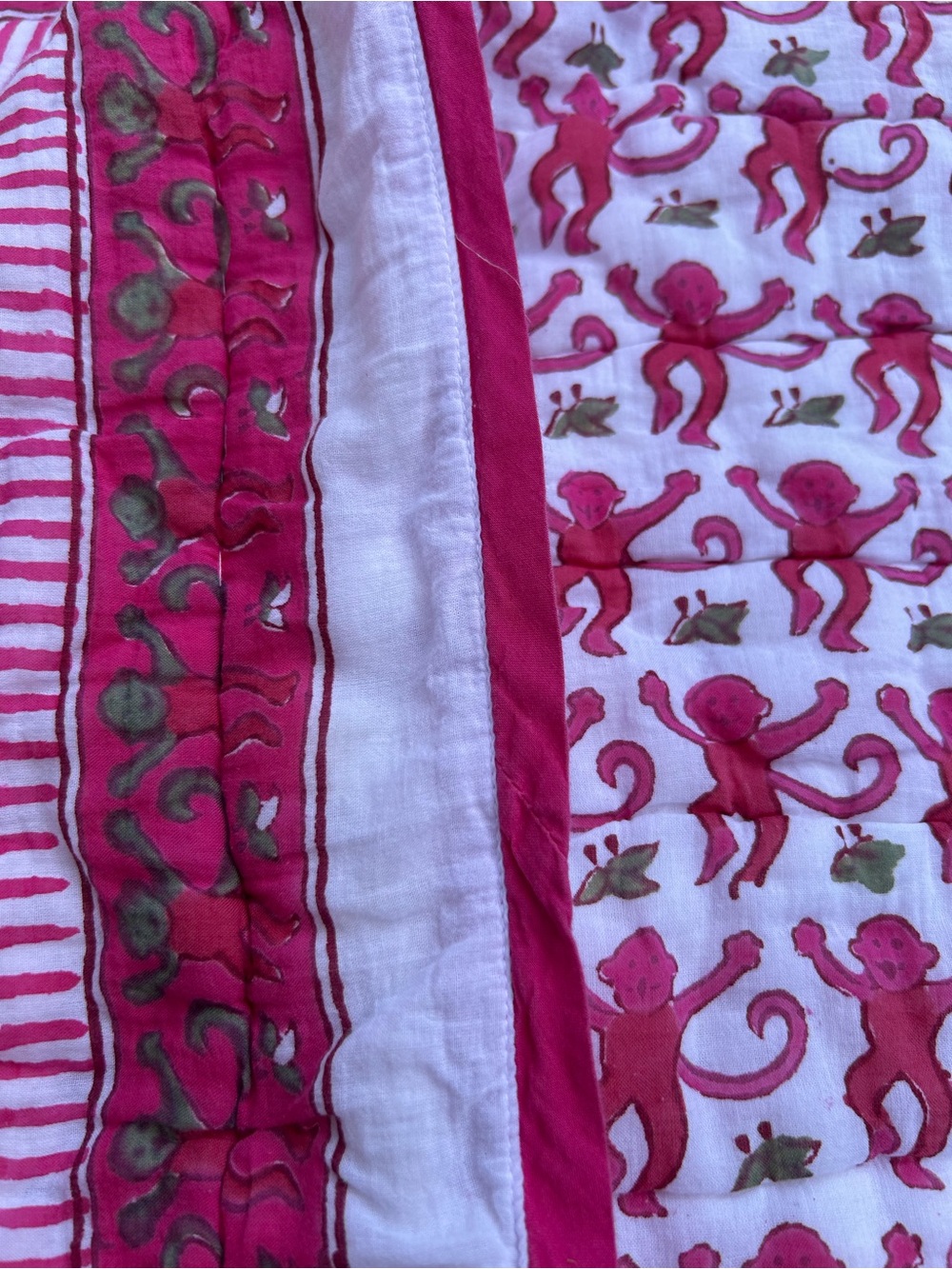 Roberta Roller Rabbit Pink Monkey & Stripe Block Print Cotton Quilt - Full Size - Picture 3 of 14